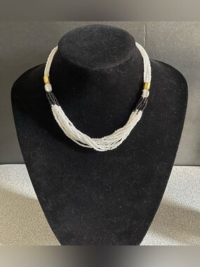White & Black Seed Bead Multi-Strand Necklace Evil Eye Beads & Gold Accents 8”